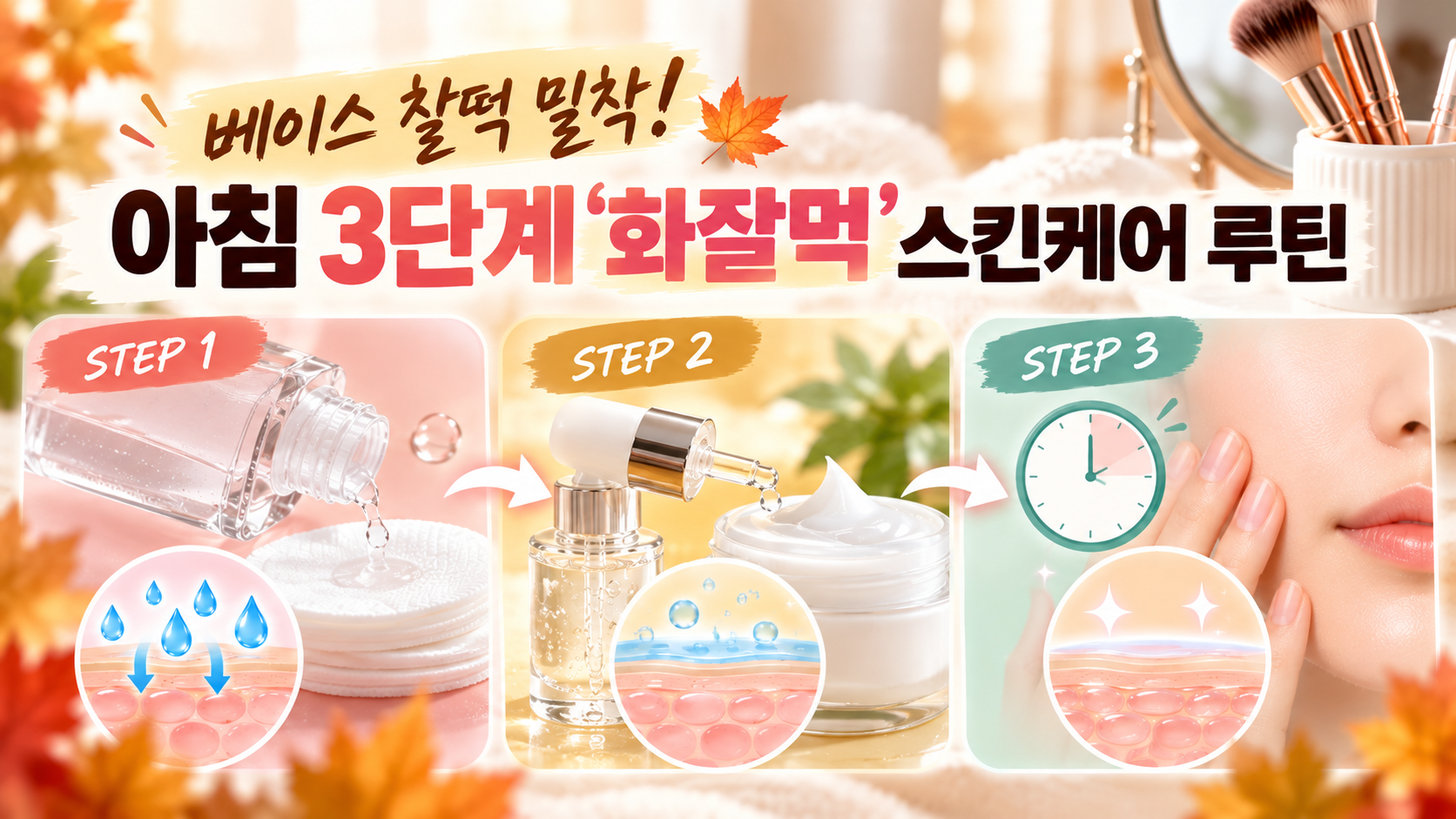 파운데이션 밀착력을 극대화하기 위해 무거운 유분 크림 대신 수분 앰플과 젤 크림을 얇게 겹쳐 바르고 충분히 흡수시키는 아침 스킨케어 단계