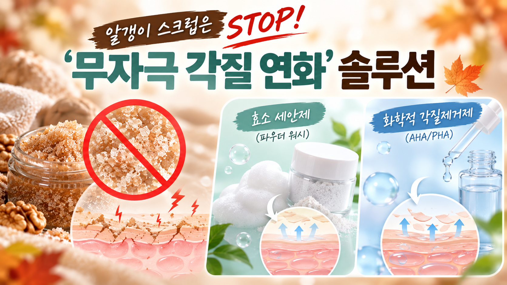 물리적 스크럽 대안으로 추천하는 저자극 효소 파우더 워시와 화학적 각질 제거 성분인 AHA, PHA 앰플 제형 비교