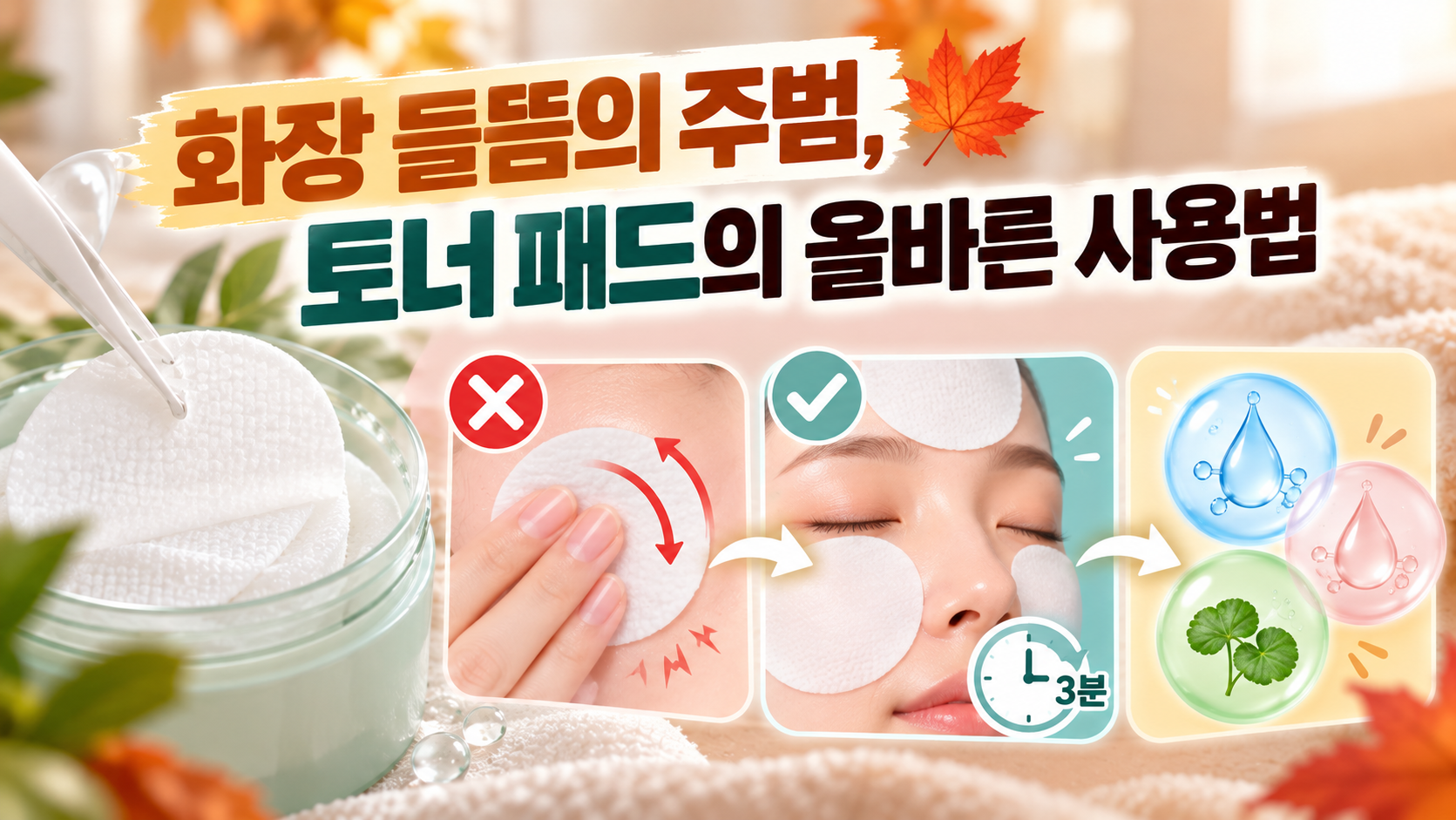 마찰 자극을 줄이기 위해 건조하고 각질이 일어난 양 볼과 이마에 진정 성분이 든 토너 패드를 3분간 올려 수분을 공급하는 스킨팩 활용법