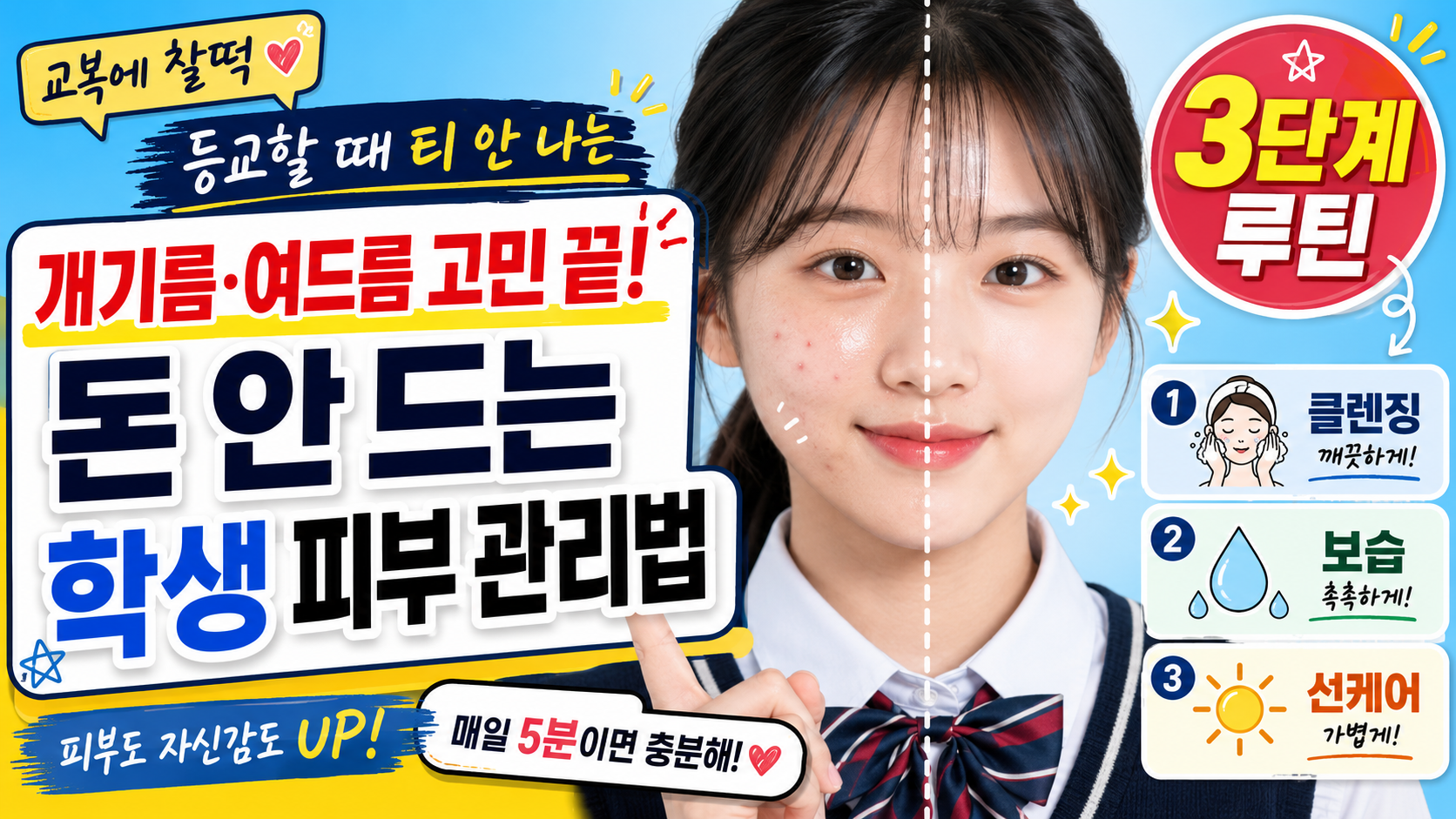 교복에 어울리는 깨끗하고 투명한 학생 피부 스킨케어 루틴(AI사진활용)