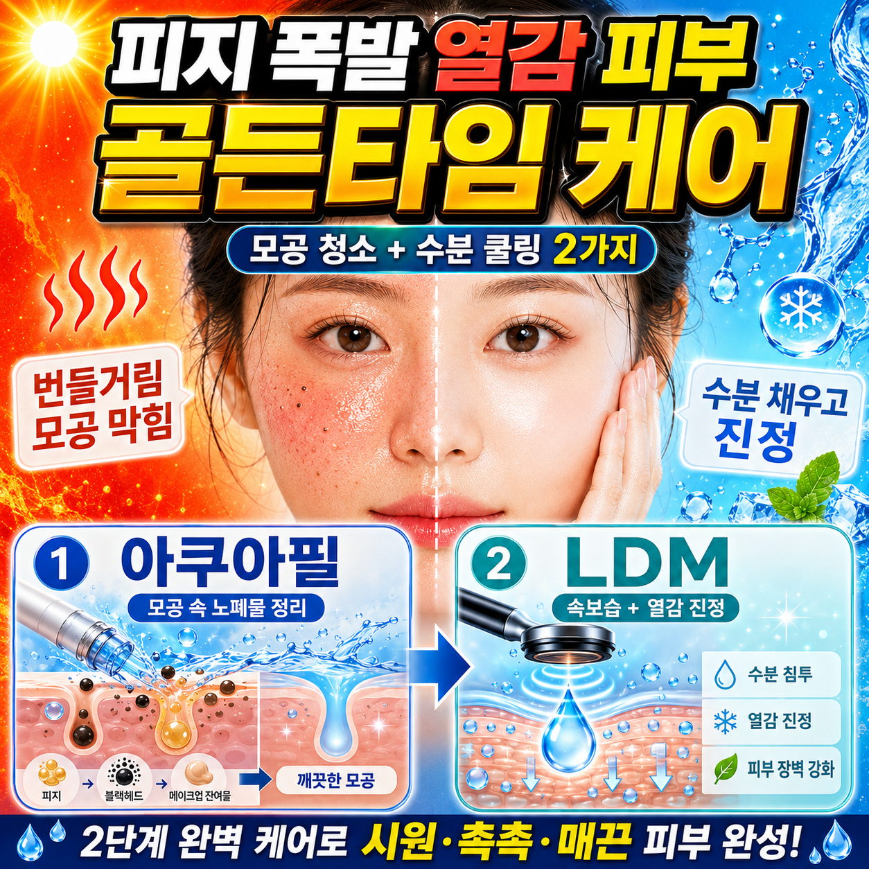 늘어진 모공과 홍조 해결을 위한 피부과 솔루션 아쿠아필 피지제거 및 LDM 수분 진정 인포그래픽