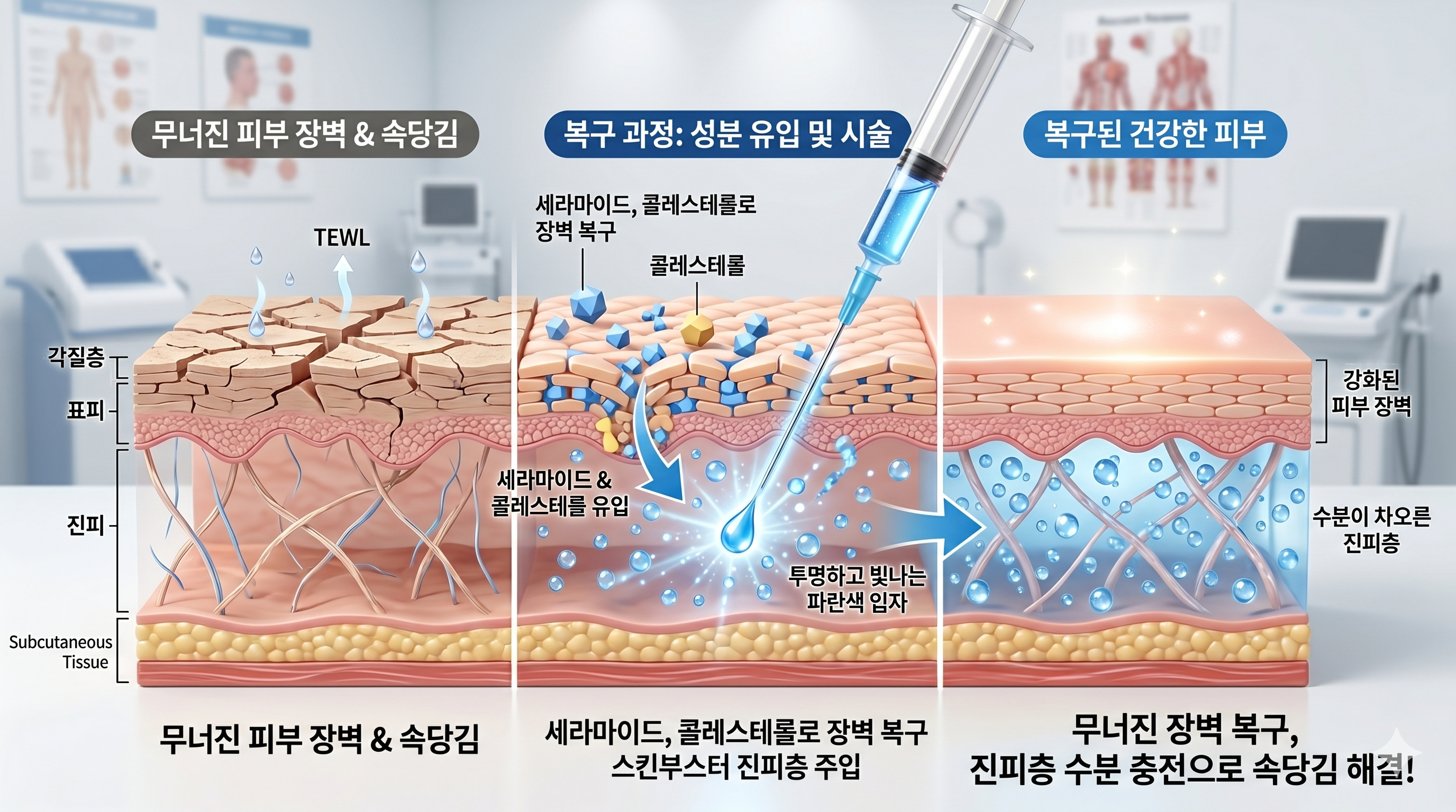 수분크림을 피부 겉에만 도포했을 때 깊이 흡수되지 않고, 무너진 피부 장벽 사이로 수분이 빠르게 증발(TEWL)하는 과정을 피부과적으로 묘사한 단면 인포그래픽 이미지