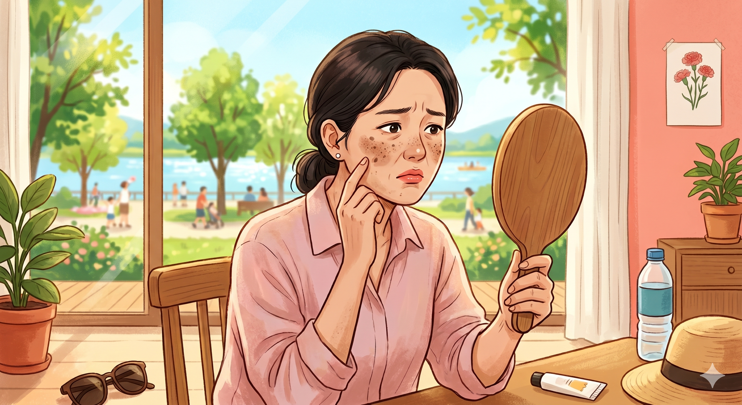 5월 야외 활동 후 짙어진 기미와 푸석한 피부를 고민하는 여성의 그림(AI)