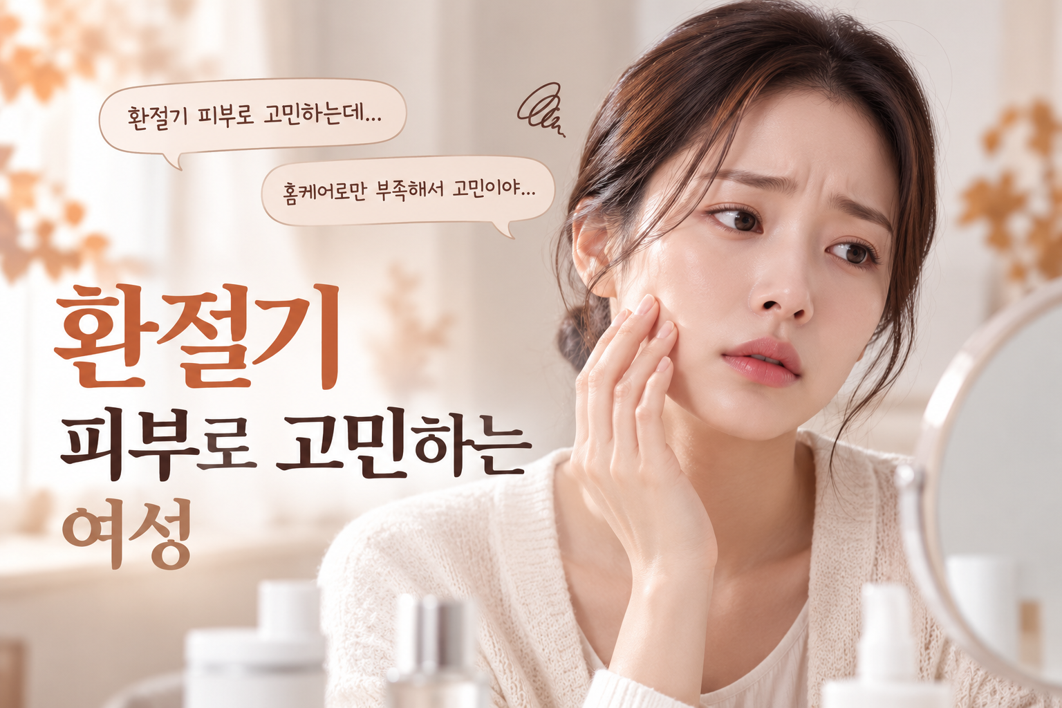 환절기 피부 콜라겐 감소 및 홈케어 한계가 고민인 이미지(ai활용)
