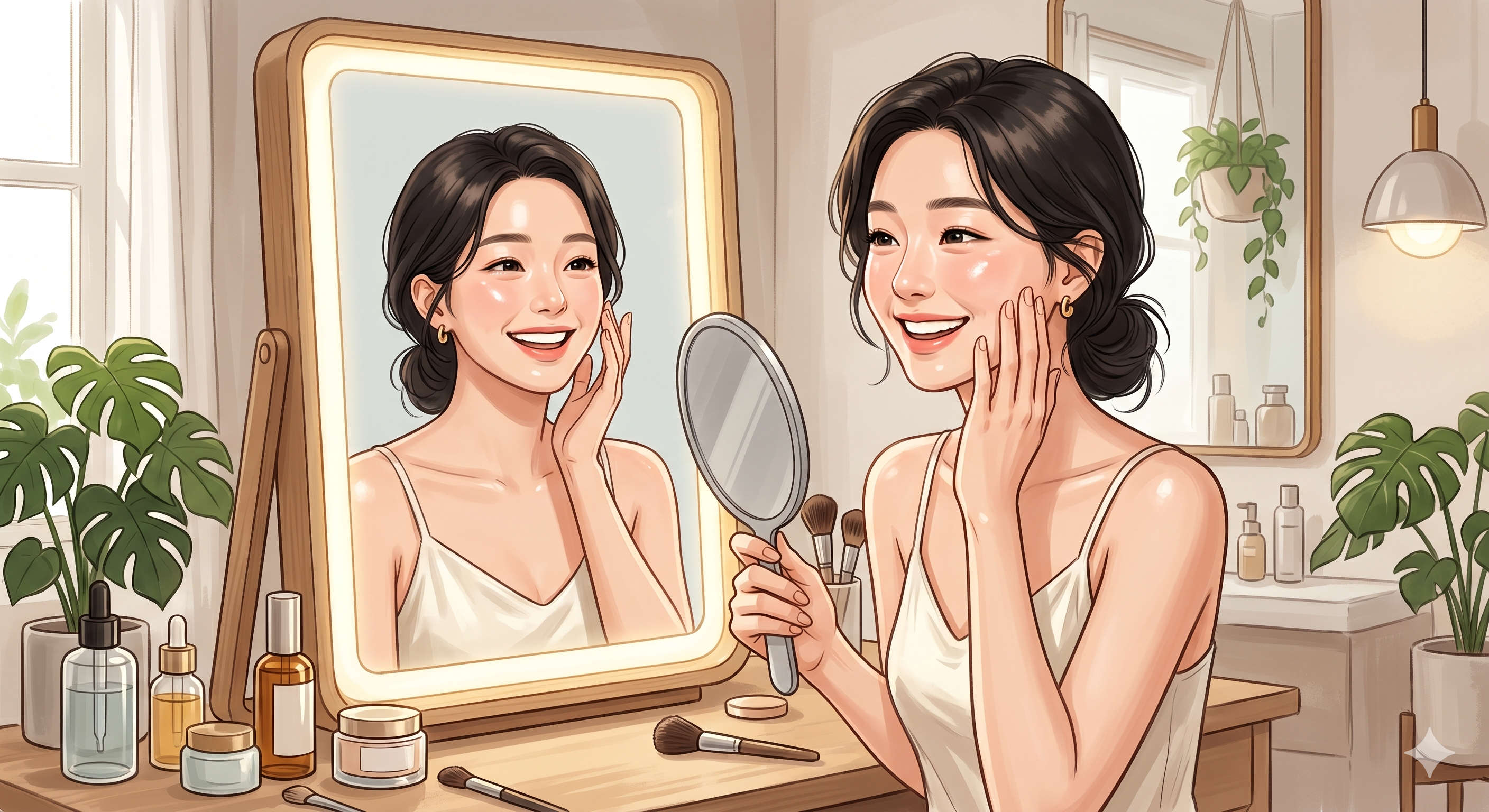 피코토닝과 LDM 물방울 리프팅 시술 후 모공 없이 맑고 촉촉해진 깨끗한 피부 결을 흡족해하는 여성그림(AI활용)