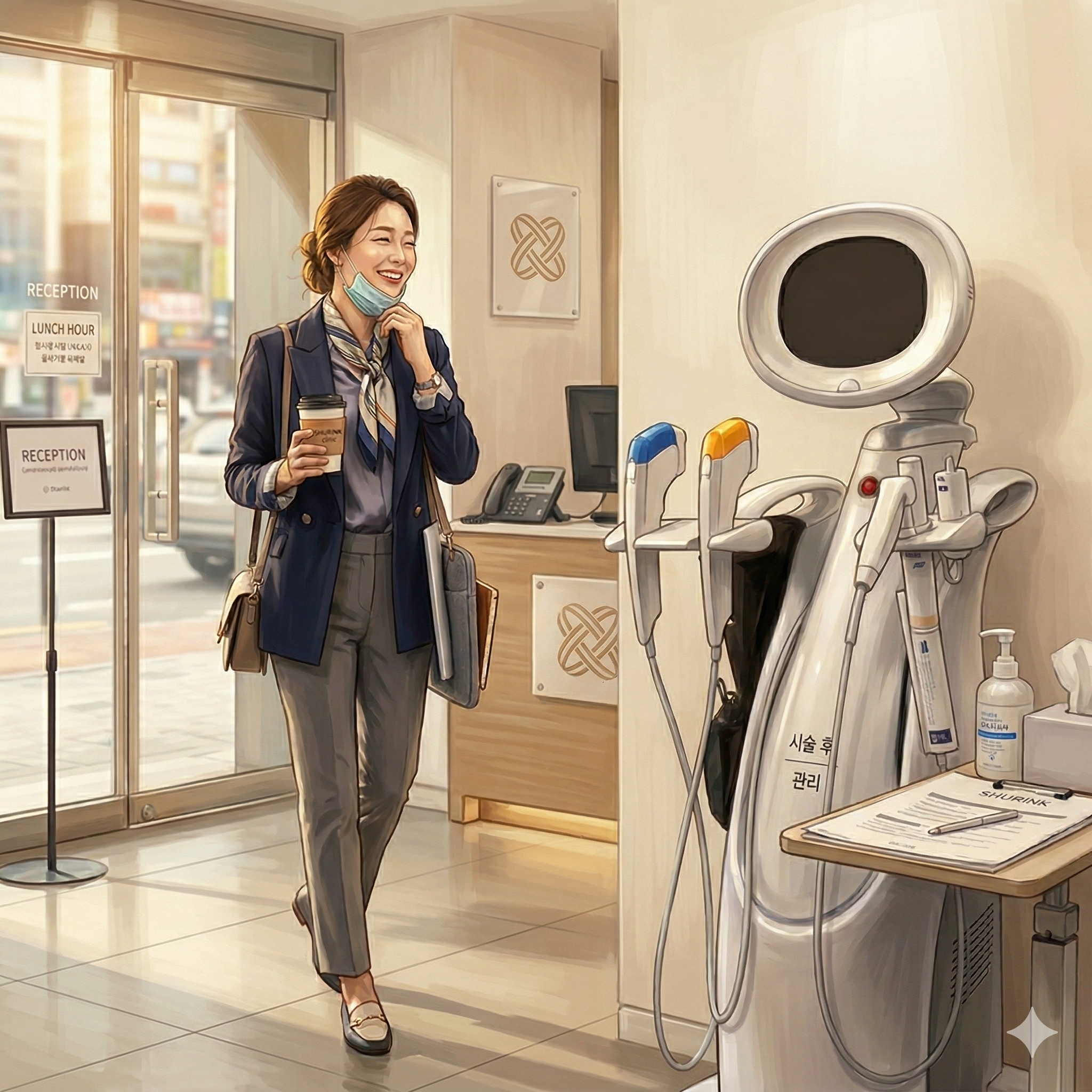 AI이미지 활용 슈링크 유니버스 장비 및 솔루션 후 귀가하는 여성의 모습