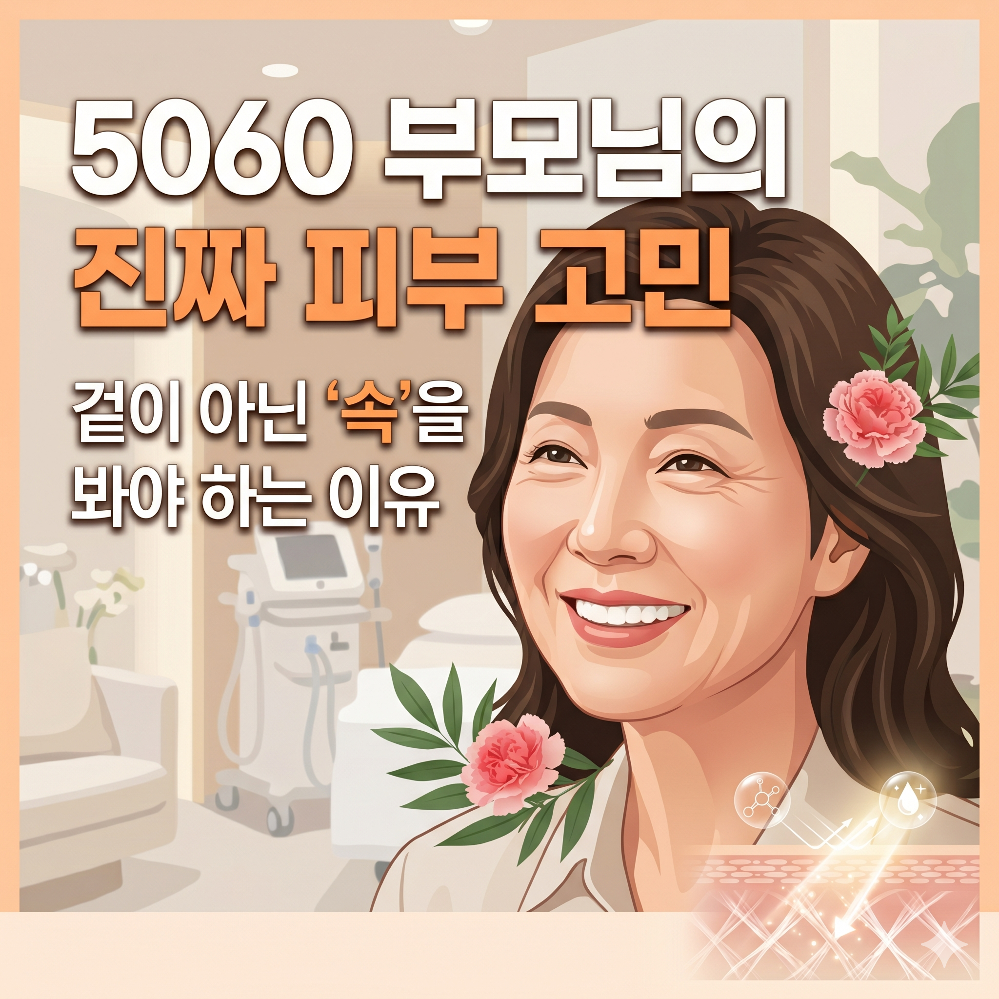 나이 든 여성의 피부 단면과 노화로 인한 구조적 변화를 보여주는 일러스트(AI사진)