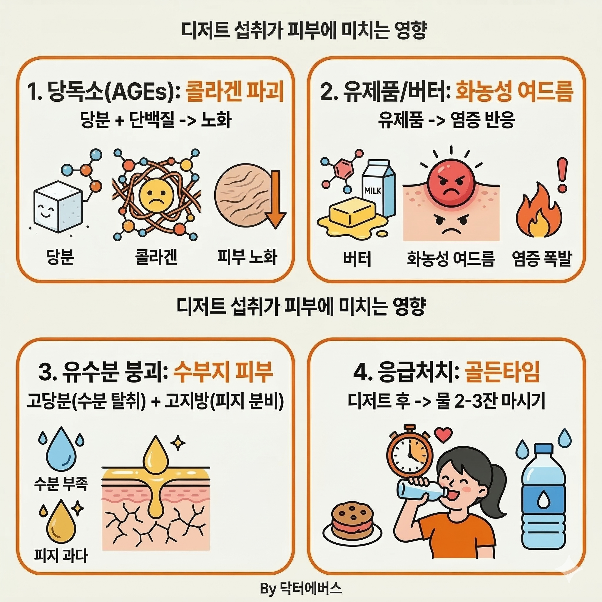 개념적인 그림: 디저트 위에 깨진 보호 돔에서 부정적인 영향이 피부로 쏟아져 나오는 모습, 금이 간 피부 장벽, 부서진 콜라겐, 성난 여드름 부위가 보이며 화려한 디저트 뒤의 숨겨진 피부 과학을 나타냄